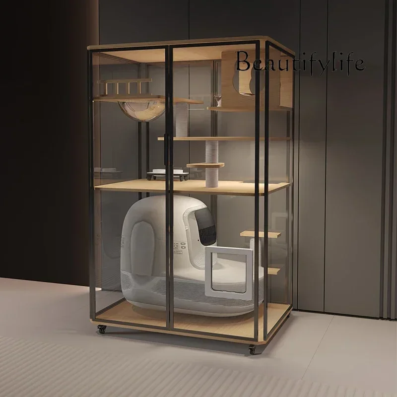 M182 Panoramic Cat Villa Cat Cabinet Automatic Litter Box Household Solid Wood Luxury Glass Cat Room