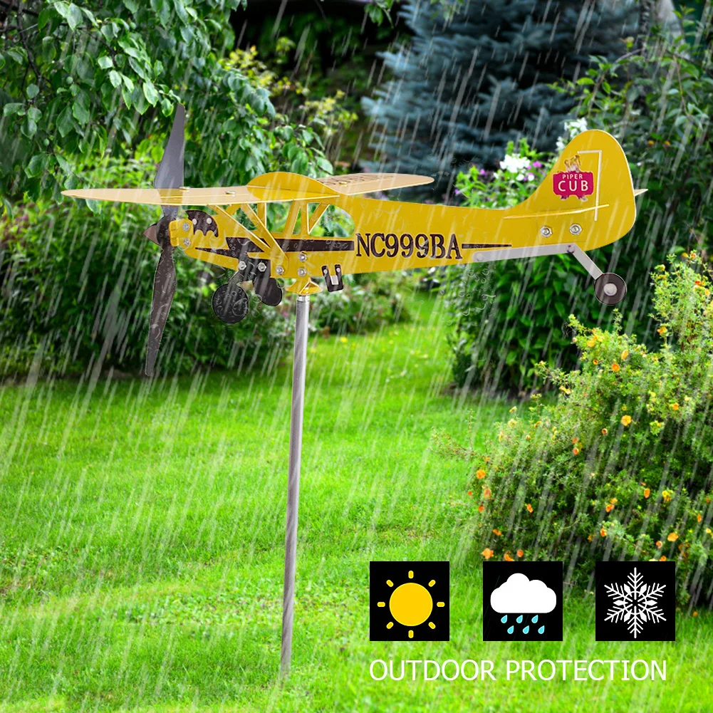 3D Piper J3 Cub Wind Spinner Plane Metal Airplane Weather Vane Outdoor Roof Wind Direction Indicator WeatherVane Garden Decor