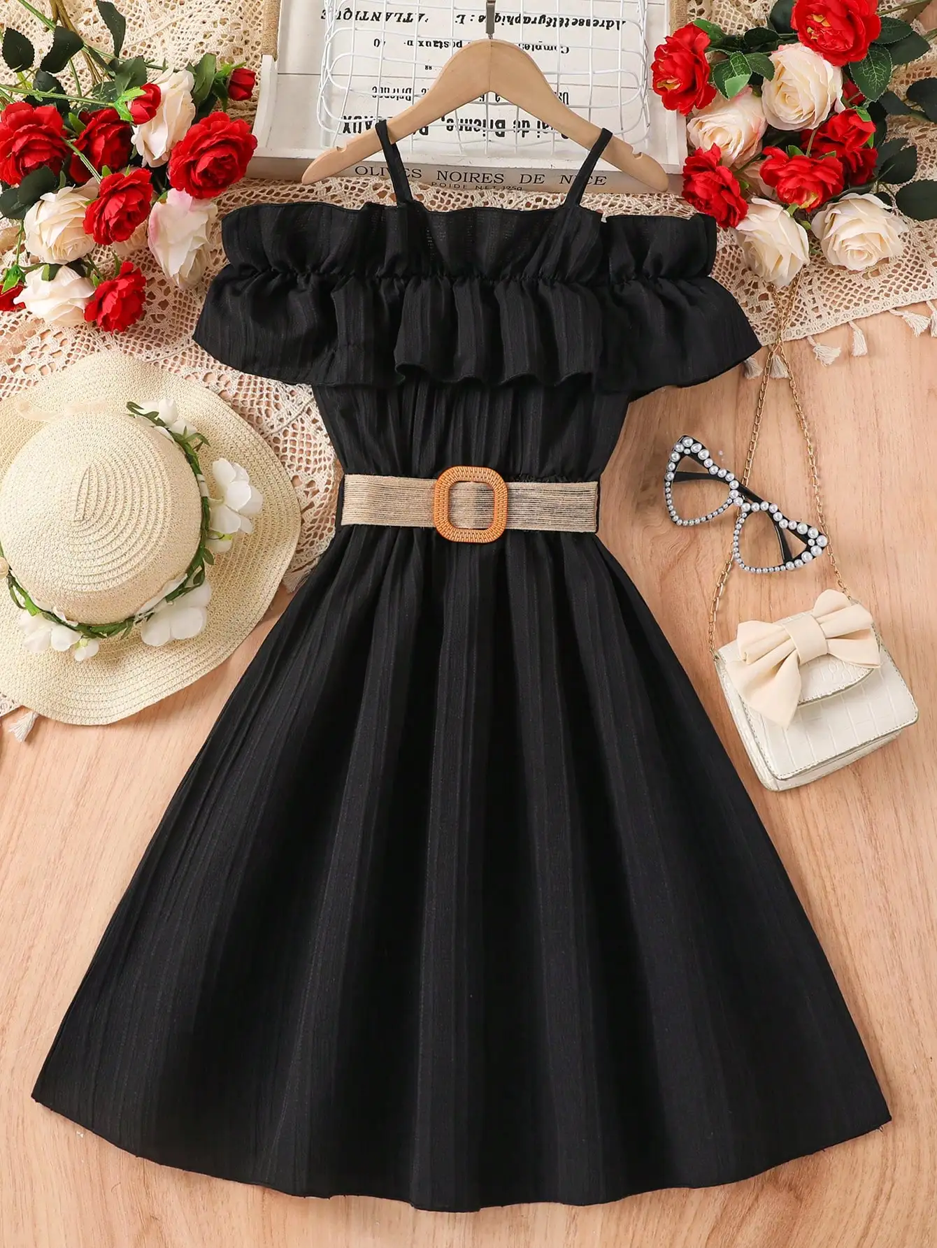 Girls Summer Elegant Fashion Black Belt Dress