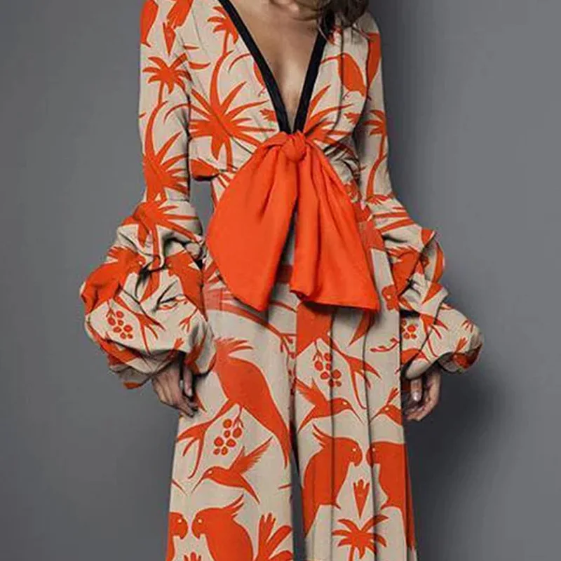 Mono elegante con mangas abullonadas para mujer, pelele Sexy con escote en V profundo y lazo, mono holgado con estampado de moda para ir al trabajo,