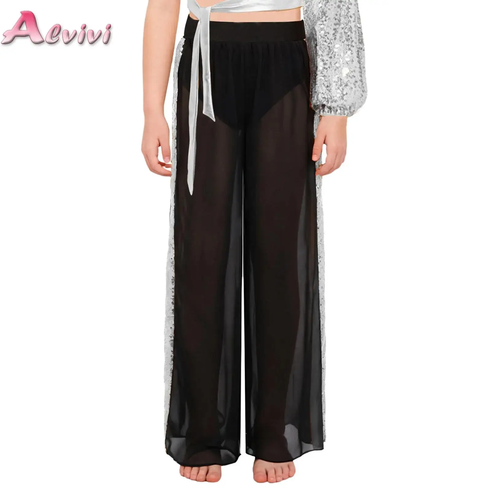New Yoga Wide-Leg Pants Kids Girls Fitness Shiny Sequins See-Through Chiffon Workout Pants Lyrical Dance Performance Costume