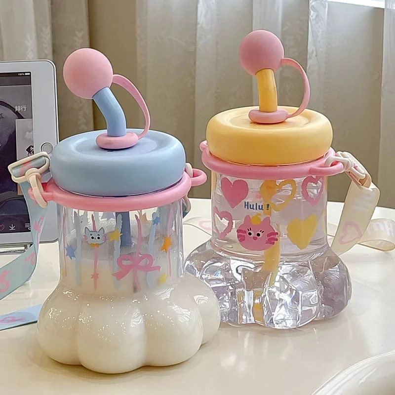 Cute Cat Paw Water Mug with Double Straw, Large Capacity Anti-Drop Portable Creative Fashion Cup for Household Use JJ4901