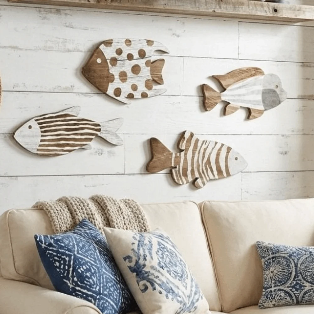 Marine Style Wooden Fish Wall Decor School of Fish Ocean Theme Fish Hanging Decor Handcrafted Rustic Carving Fish Pendant