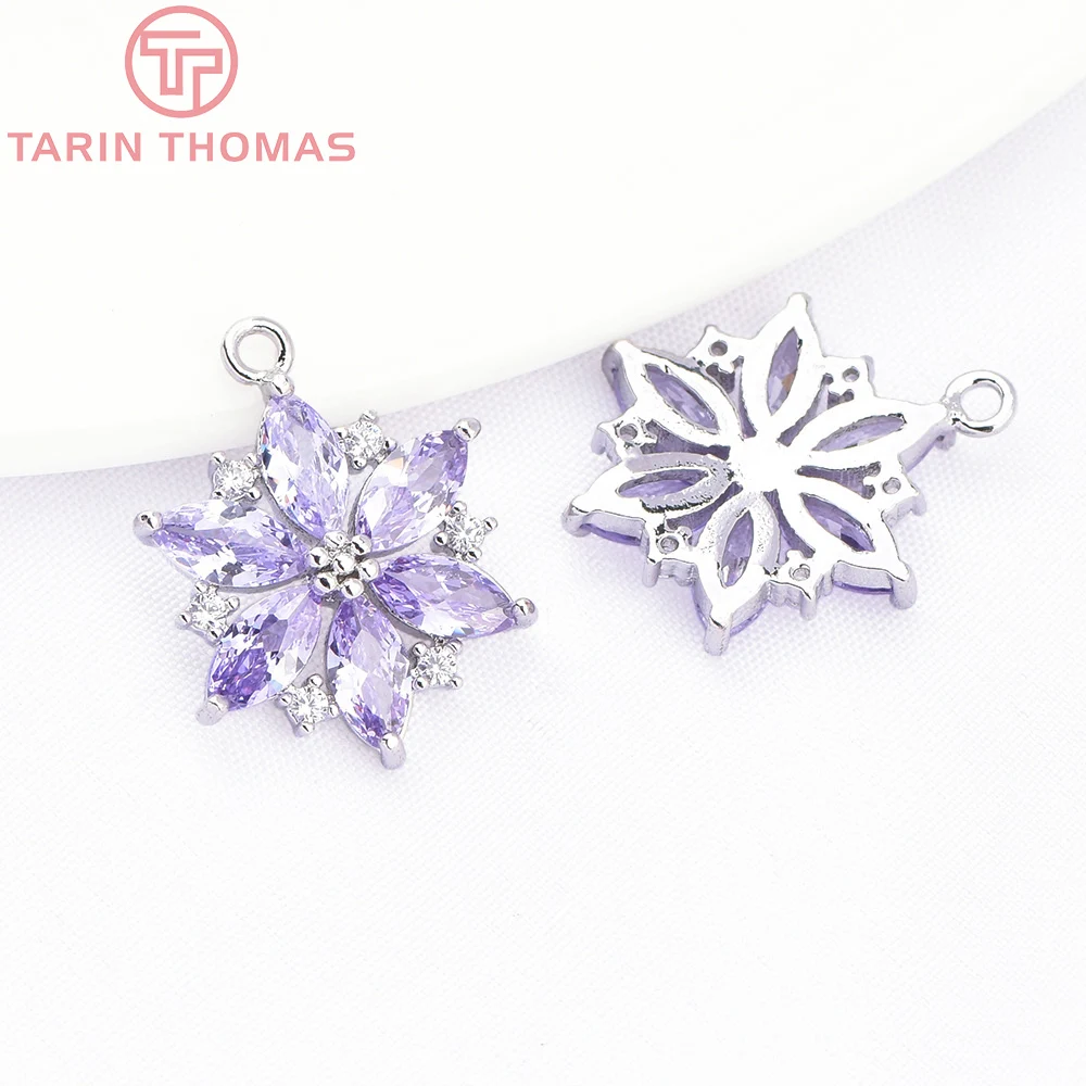 (9064) 4PCS 13.5x17.5MM 24K Gold Color Brass with Zircon Flower Shaped Pendants High Quality DIY Jewelry Making Findings