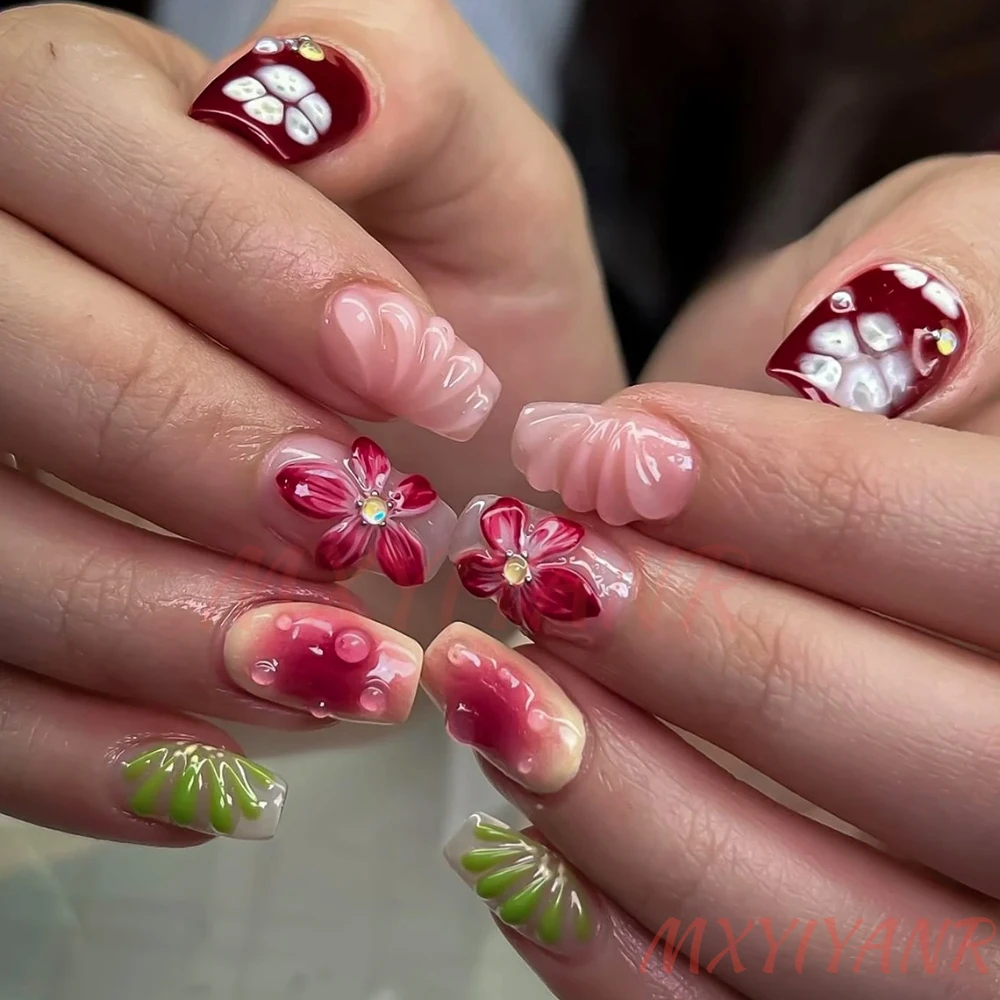 10Pcs Manicure Handmade Art Press on Nails Medium Almond & Coffin Pattern ABS Nails Cute 3D Style Design Nail with Set