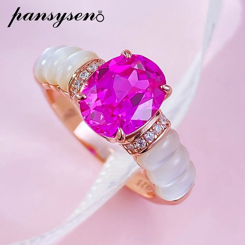 PANSYSEN Luxury 925 Sterling Silver 7*9MM Oval Cut Sapphire Pinctada Albina Ring for Women Wedding Engagement fine Jewelry Gift