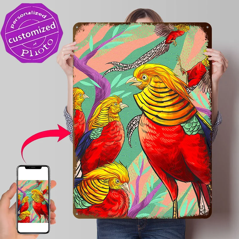 Golden Pheasant Illustration 3D Texture Printed Poster Custom Vintage Metal Tin Plate Sign for Wall Art Aesthetic Decoration
