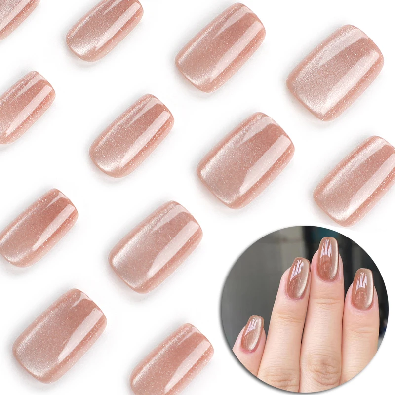 24pcs/Set Cat Eyes Removable Fake Nails For Women Girls Brown Sparkling Short Tips Simple Wearable Faux Press On False Nail