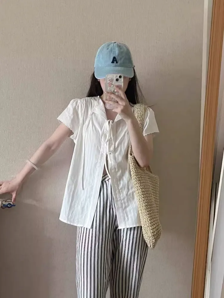 Deeptown Vintage White Women Blouses Elegant Lace Up Shirt Cardigan Casual Sweet Loose Short Sleeve Summer See Through Cover Up