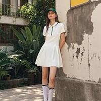PB&ZA Summer new women's retro collar polo skirt white sports style slim fit and pure desire short sleeved dress
