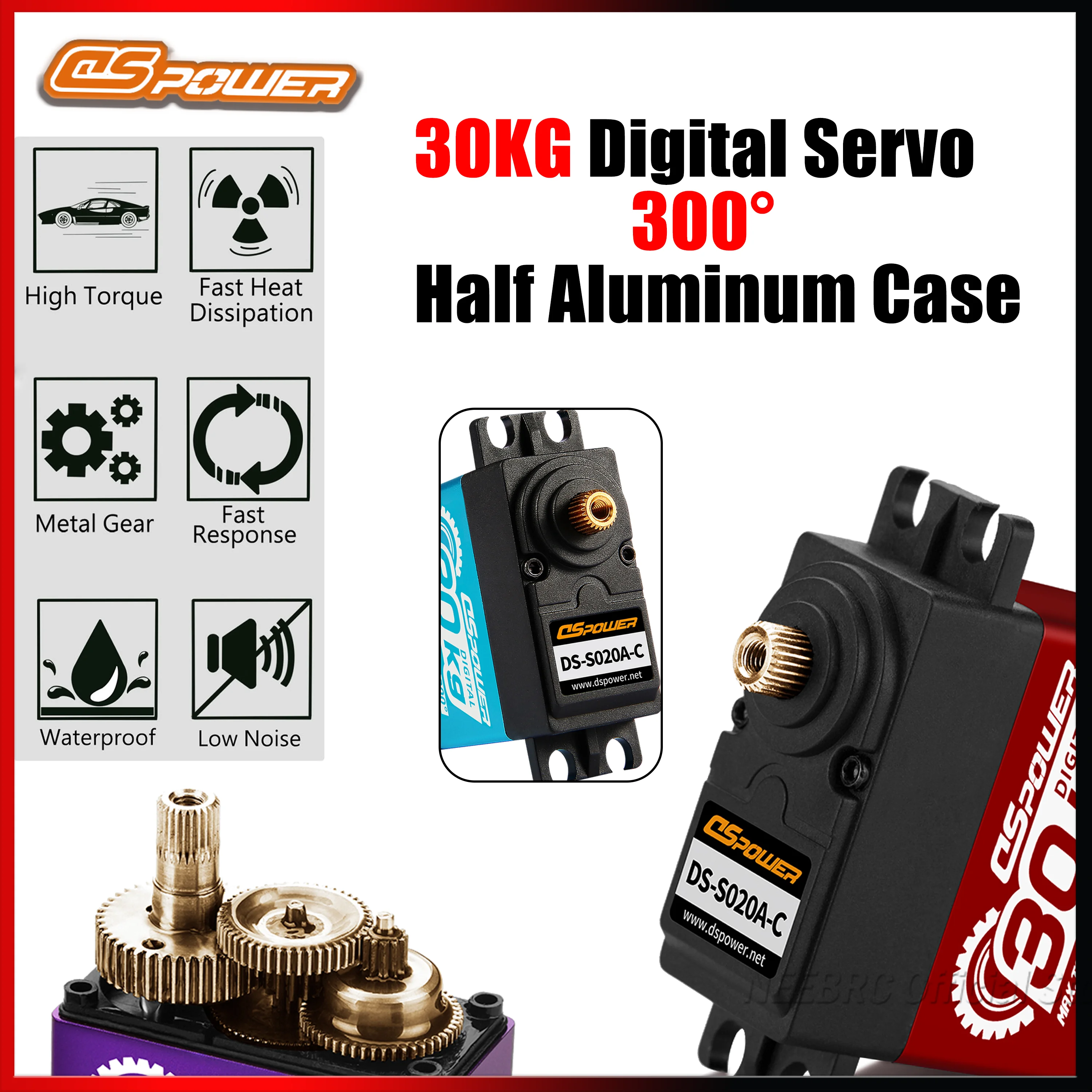 

DSpower 30KG 300 Degrees Digital Metal Gear Half Aluminum Case Waterproof Servo High Speed Blue Purple Red for 1/8 1/10 RC Car