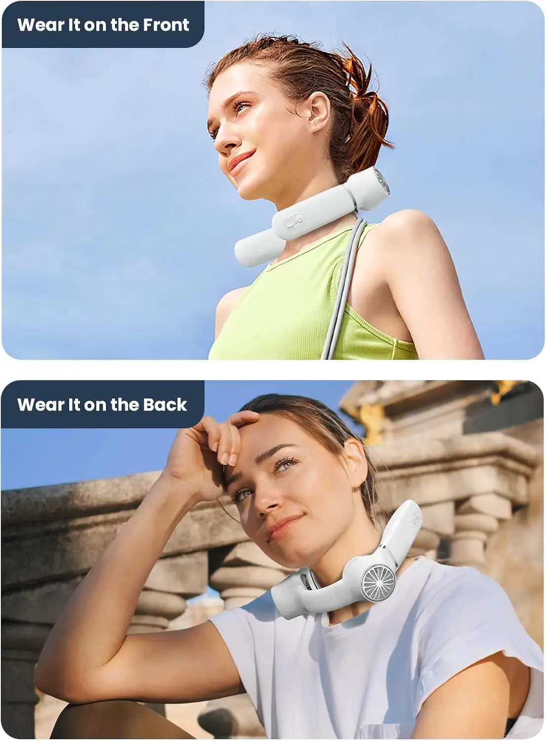 مروحة مكيف هواء محمولة للرقبة مع رقاقة تبريد، مروحة تبريد قابلة لإعادة الشحن بدون استخدام اليدين، مروحة شخصية منخفضة الضوضاء