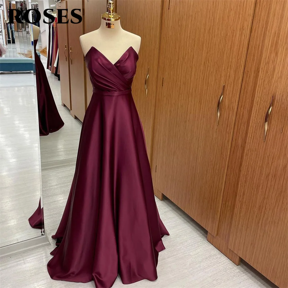 

ROSES A Line Charming Prom Dress Gown Burgundy Stain Formal Gown Pleat Sleeveless Evening Gown vestidos de noche