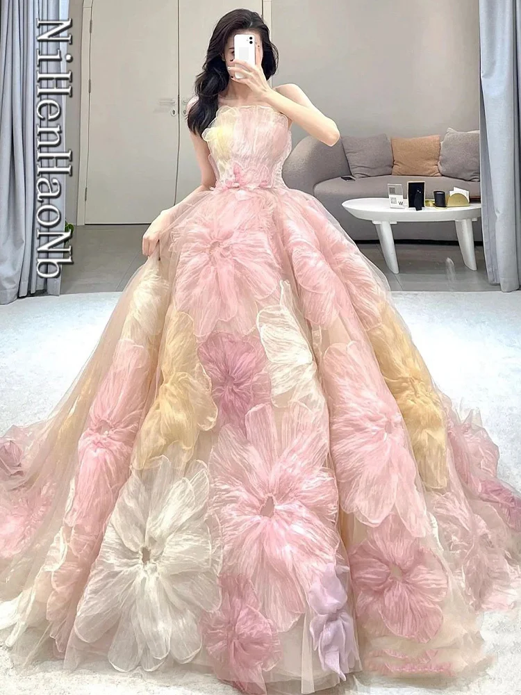 فساتين Quinceanera ثوب حفلة زهرة Vestidos De 15 Años الوردي بدون حمالات فستان الحفلات المسائية