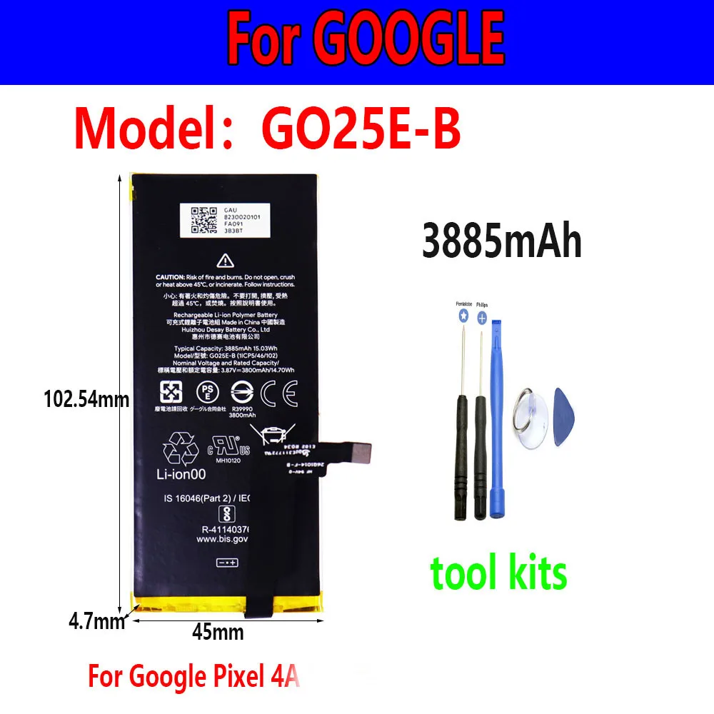 

Сменный аккумулятор G025E-B 3885 мАч для Google Pixel 4A 5G версии, аккумуляторная батарея + инструменты