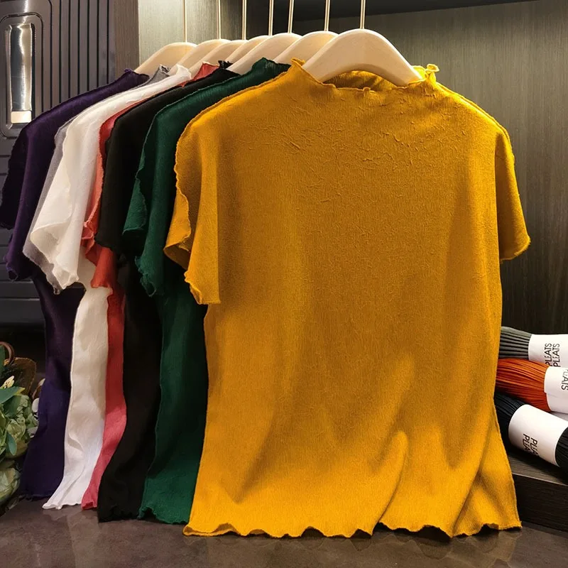 

Плиссированная футболка с коротким рукавом Miyake, плиссированная эластичная женская футболка большого размера, тонкий дышащий топ, свободная повседневная офисная одежда для пригородных поездок