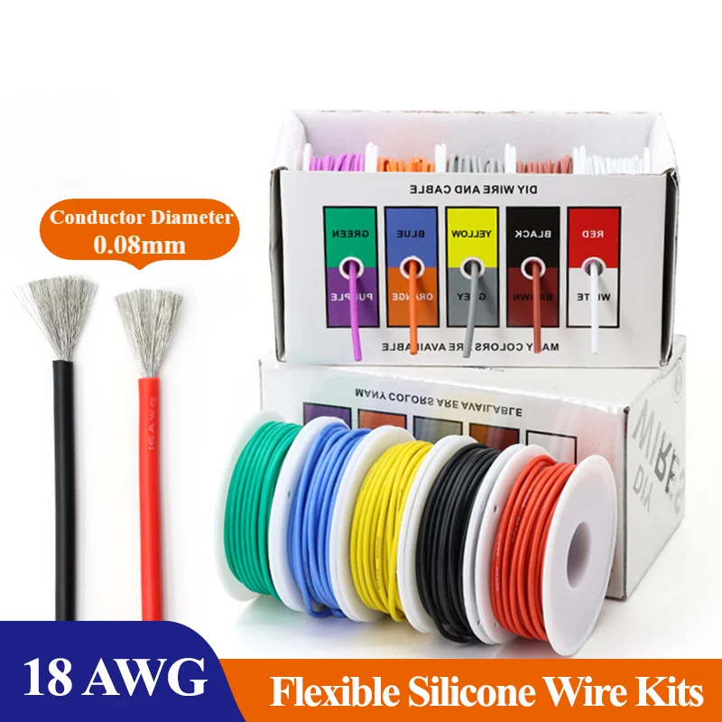 

(5 Colors Mix Kit) 18AWG Heat Resistant Flexible Silicone Wire Stranded Cable Electrical DIY Tinned Copper Soft Electronic Wires