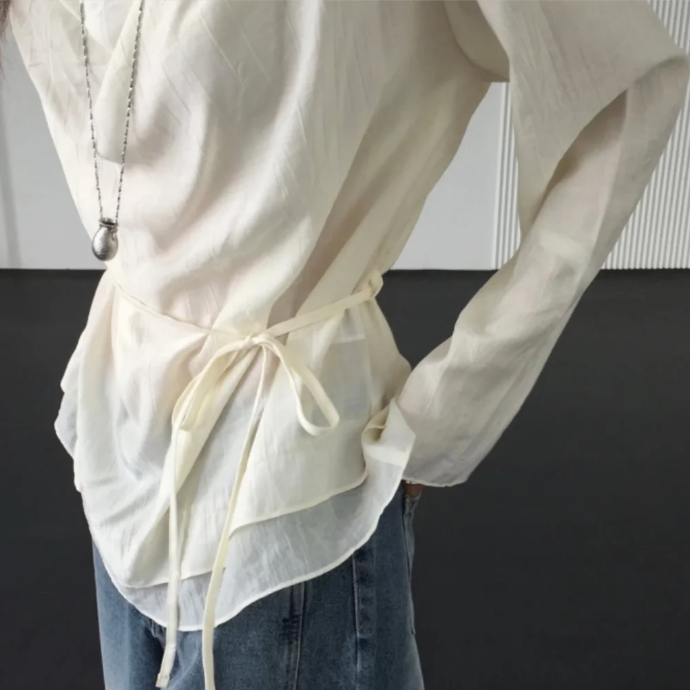 Ele Waist-Cinching irt Loose Fit Polyester Fiber Long Sve Women's Top Lazy Sle Bow-Tied Faionable Top