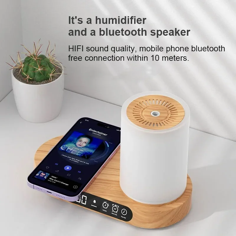 

Desktop Audio Wireless Charging Intelligent Aromatherapy Humidifier Bedroom Night Light Alarm Clock Bluetooth Speaker All-in-one