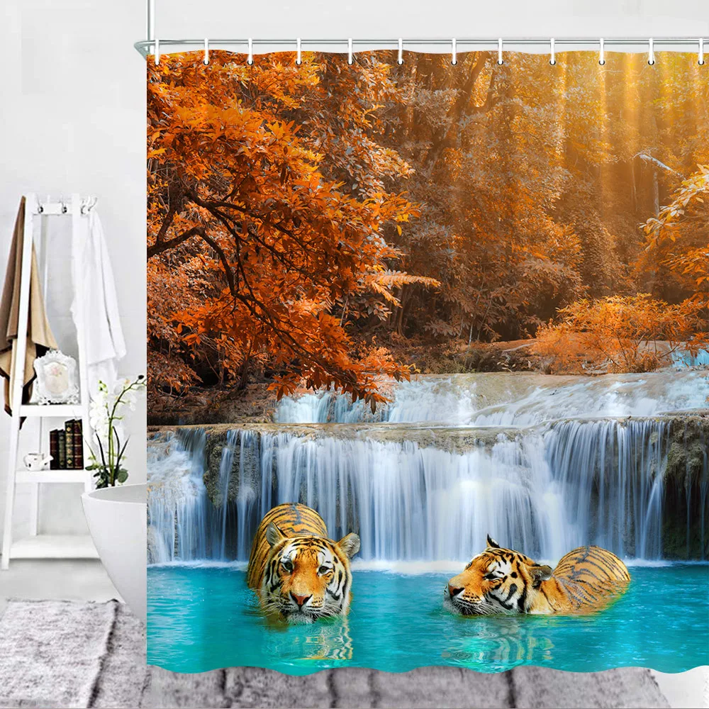 Waterfall Fall Scenery Shower Curtain Tiger Autumn Landscape Swimming Tiger Pool Rainforest Wild Animal Bathroom Decor Curtains