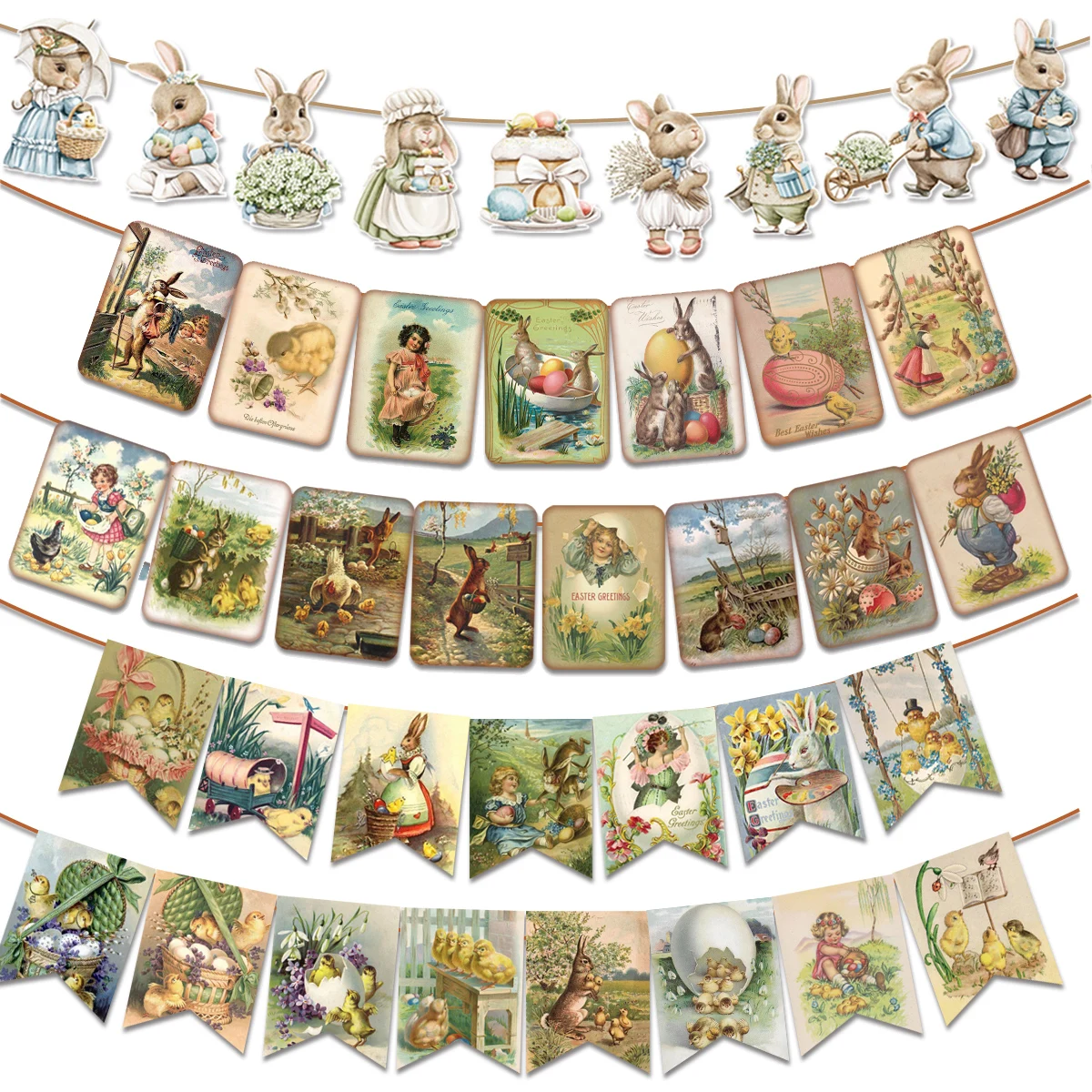 Osterdekorationen Vintage Ostertag Banner Retro Osterei Hase Wimpelkette Girlande für Heimdekoration Frohe Ostern Partyzubehör