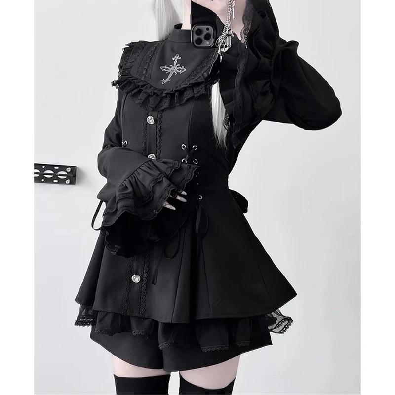 Mine Series Mass-produced Lace Flare Sleeve Saliva Towel Dress Set Women's Slim Fit Lolita Dress and Short Set Spring and Autumn