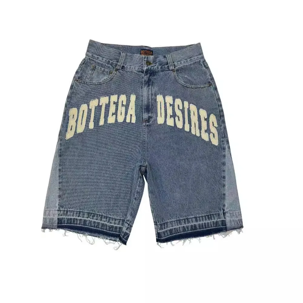 Straat Borduurwerk Hoge Taille Gewassen Denim Harajuku Retro Trendy Merk Oversized Jeans Mannen Y2 K Goth Punk Shorts