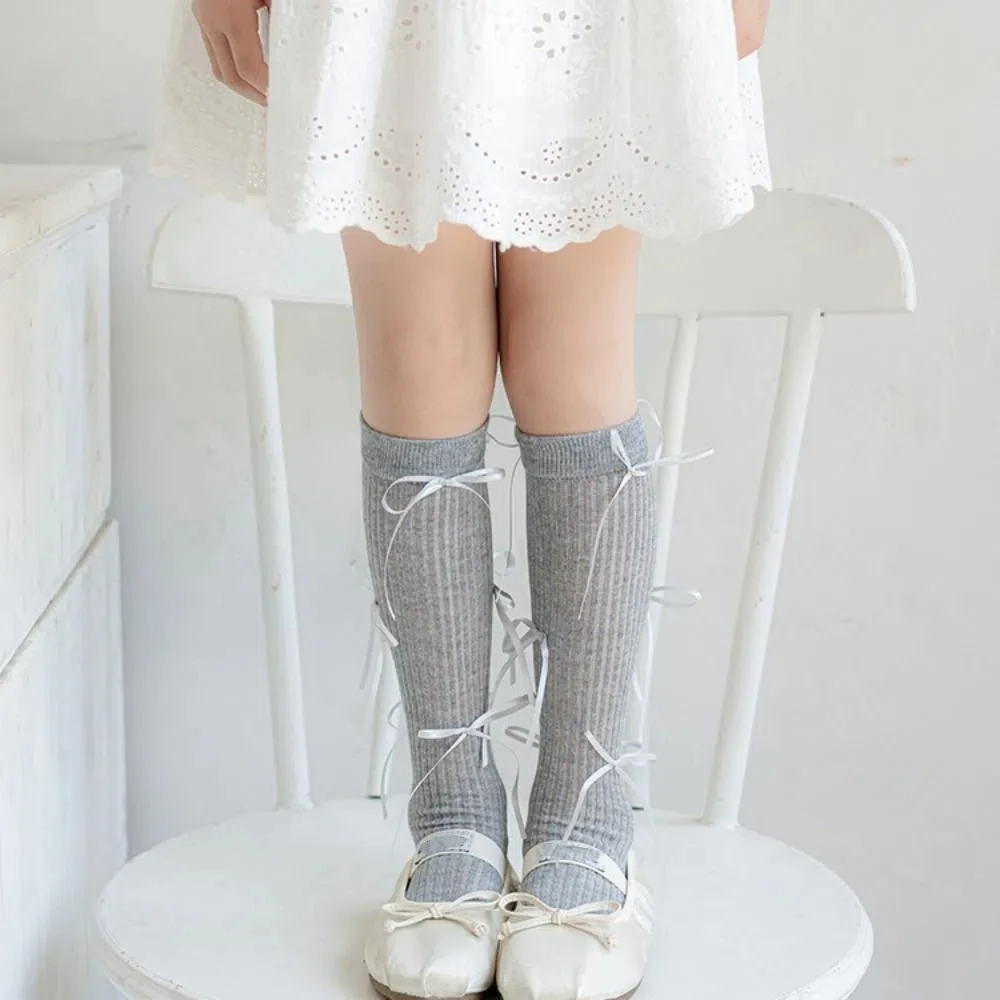 

Solid Color Balletcore Socks Korean Style Ribbon Bow Mid-Tube Hosiery Autumn&Winter Cloth Accessories Thin Stockings Kid