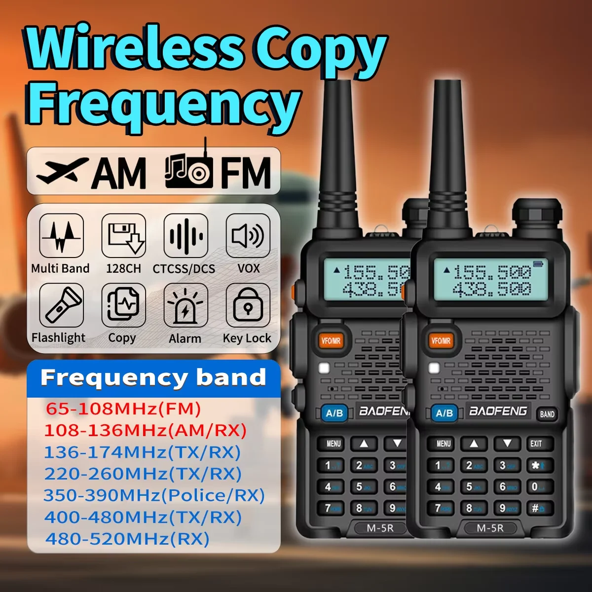 

Baofeng M-5R High Power Handheld Ham Radio Full Band Air Band Walkie Talkie for Outdoor Camping Security