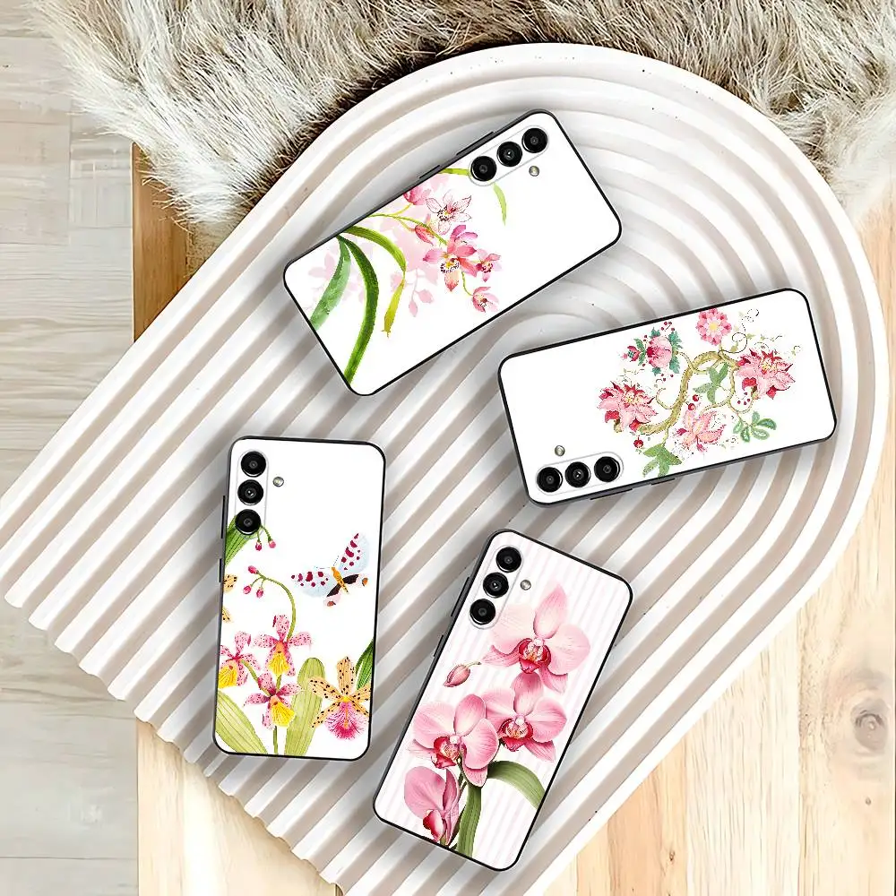 Elegant Pink and Blue Orchid For Samsung Galaxy A73,31,32,72,41,53,52,71,22,5G,Note,J7,8,9 Soft Black Phone Case