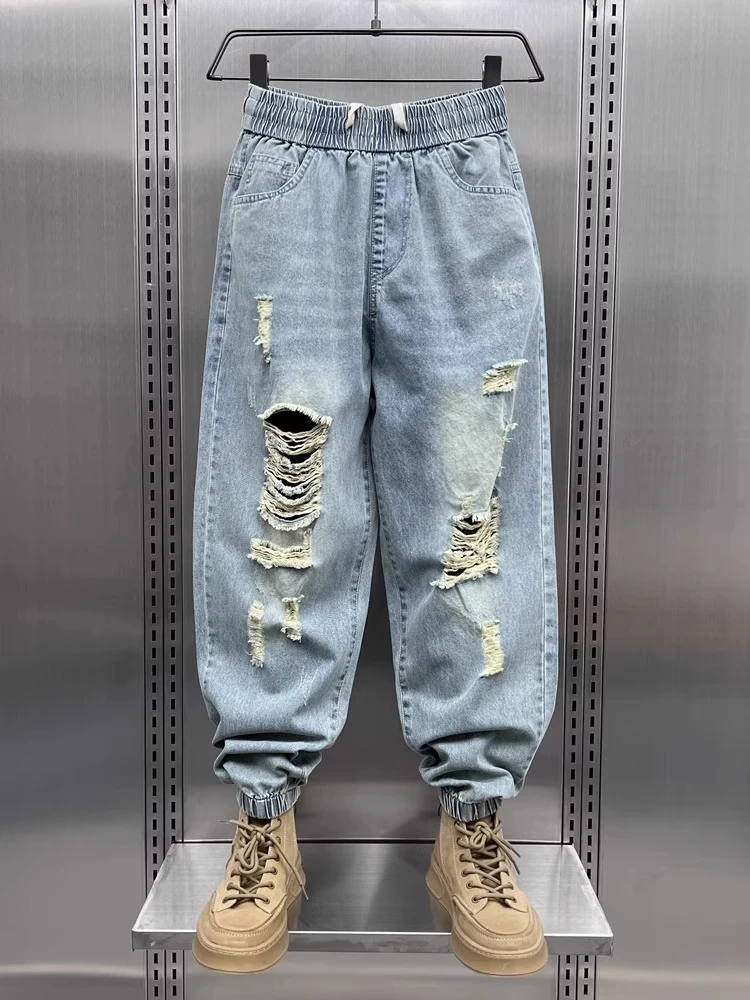 

Модные американские джинсы с талией в стиле ретро, мужские свободные мешковатые длинные брюки Харлан с эластичной резинкой на талии, повседневные брюки-карго с прямыми штанинами