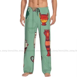 Mens Casual Pajama Long Pant Loose Elastic Waistband Greek Pottery Cozy Sleepwear Home Lounge Pants