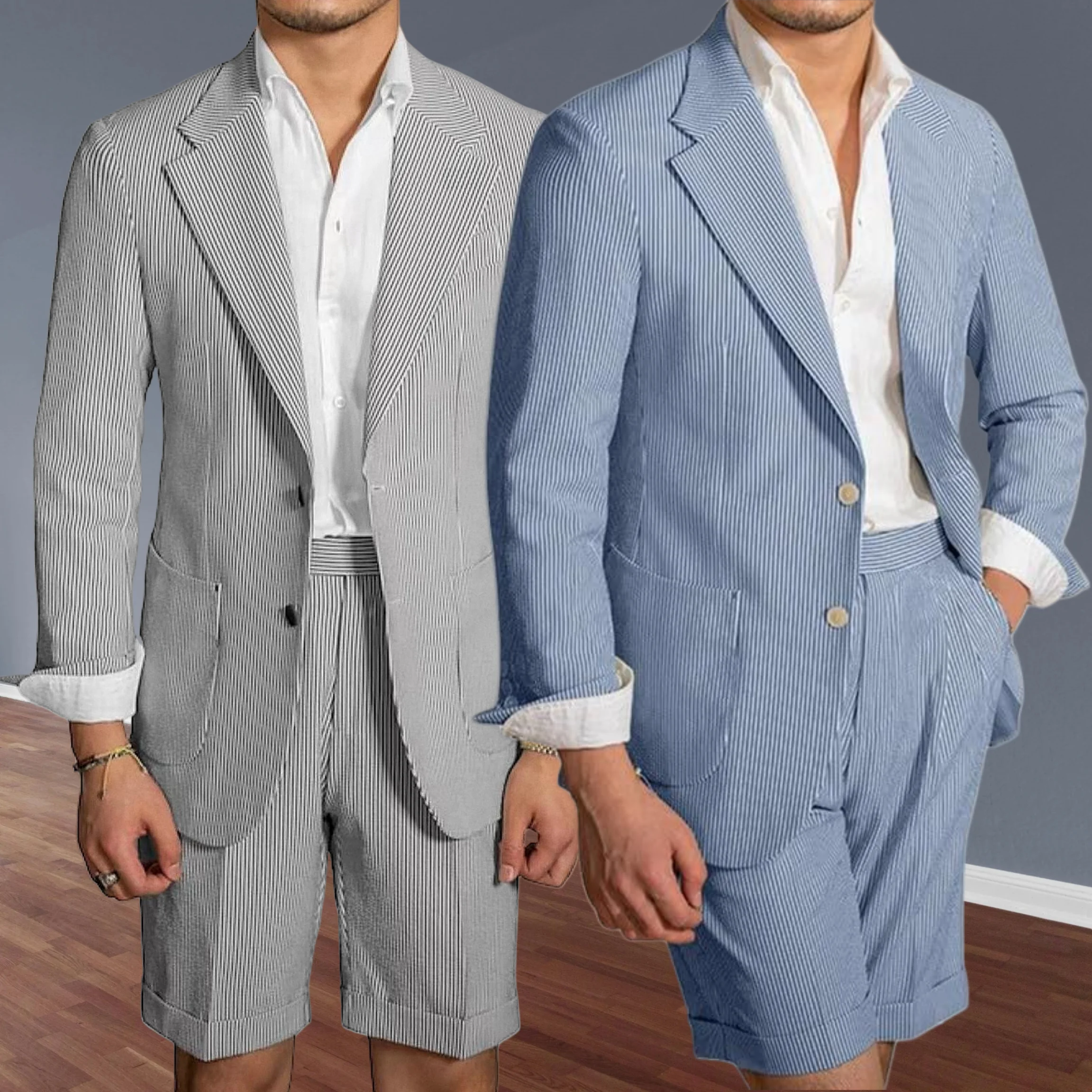 

1 Set Casual Stripe Men Suits Anti Deformation Formal Suit Turndown Collar Pure Color One Button Suit Set Daily Wea