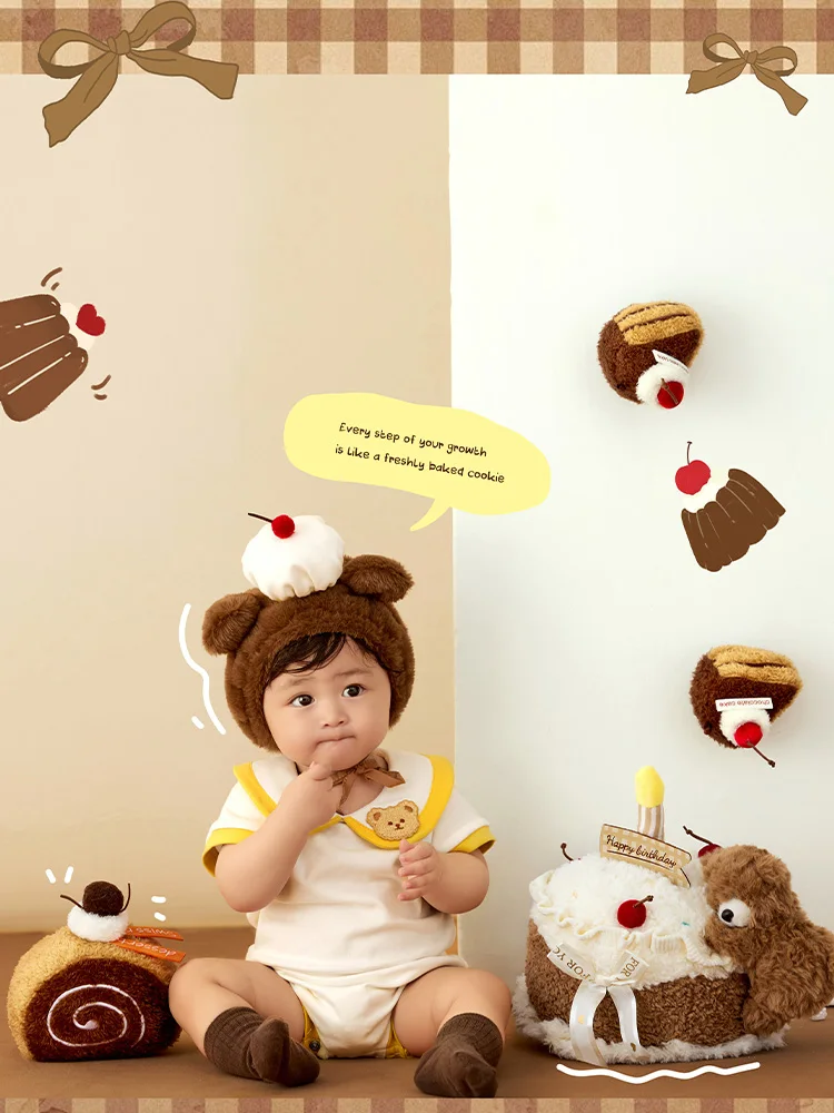 Baby 100 Days Photography Props Dessert Theme Cute Bear Hat+jumpsuit Set Plush Cake Props for Studio Infant Growth Memory Photo