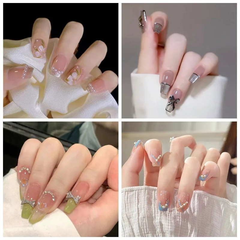 White French Press on Nails 3D Bowknot Fake Nails Tips Full Cover Wearable False Nails for Women and Girls DIY Manicure 24Pcs