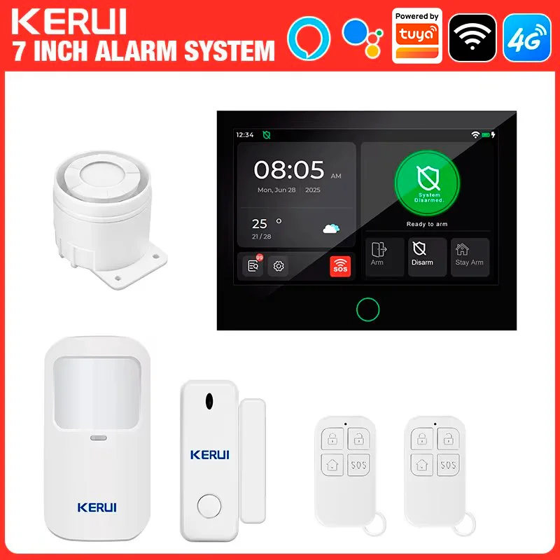 KERUI 7-inch groot touchscreen huisinbraakalarm WiFi + 4G alarmsysteem werkt met Tuya Smart FSK/ASK beveiligingsbescherming 433MHZ PIR-sensor