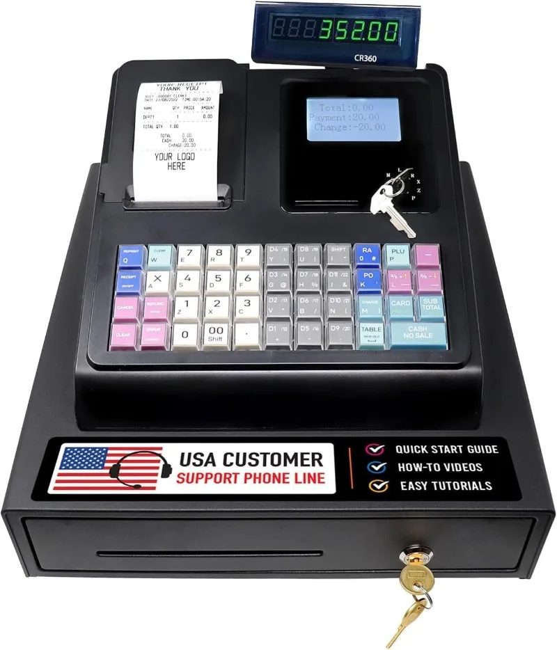 CR360 Cash Register, 4700 Lookups 50 Dept 50 Clerks, Quick Load Thermal Printer, Compact Size, Cash and Coin Drawer, Black