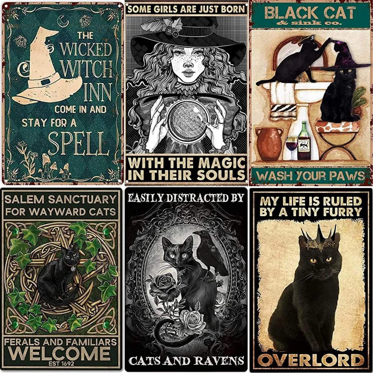 Vintage Witch Woman Black Art Poster Halloween Black Cat Plaque  Metal Tin Signs Wall Home Decor Bedroom Bathroom Room Coffee