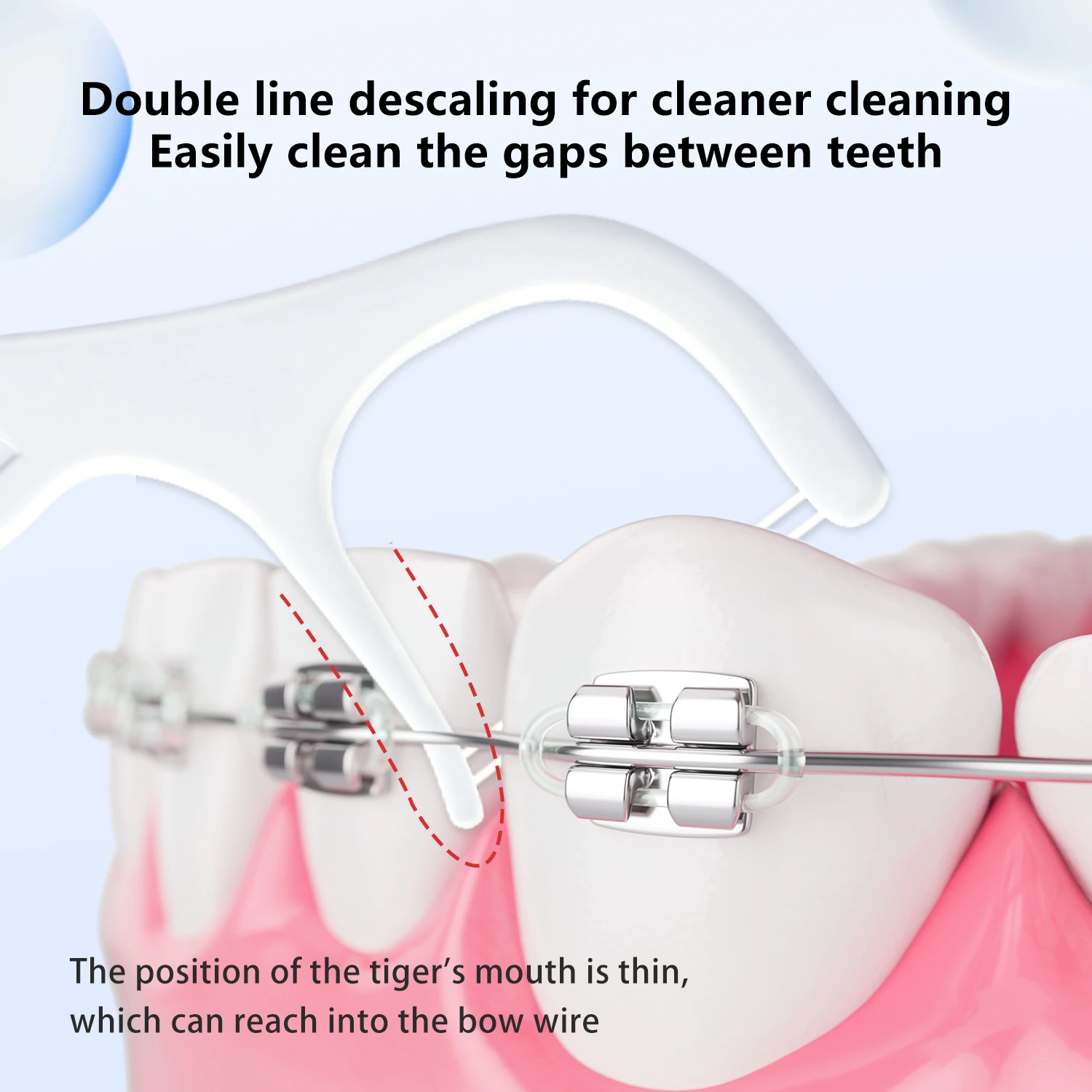 

Ортодонтическая зубная нить, используемая для носителей брекетов и плотных зубных нитей, пластиковая зубочистка с двойной нитью.