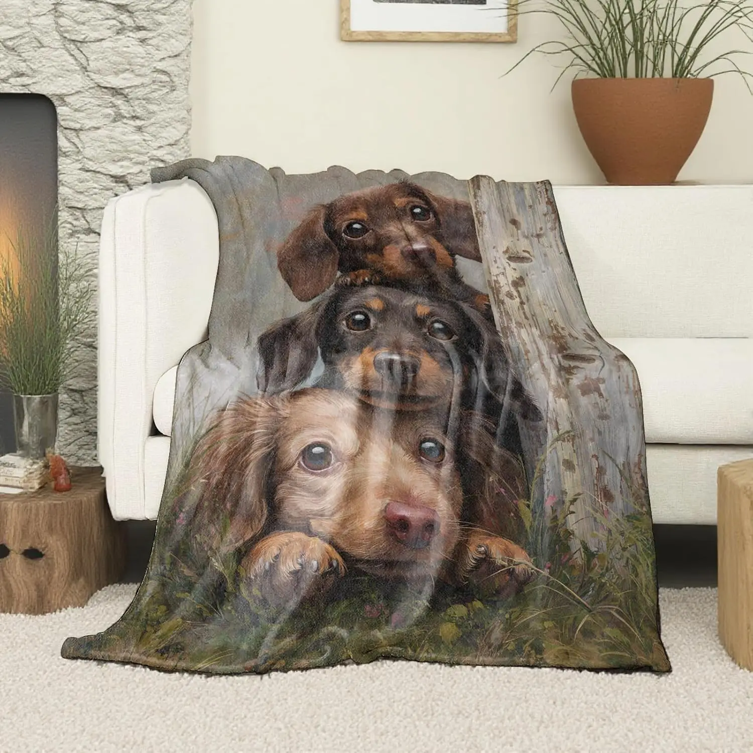 Dachshund Puppies Peekaboo Blanket, Soft Cozy Lightweight Realistic Dog Portrait Throw Blanket for Women Kids Teens, Sofa Couch