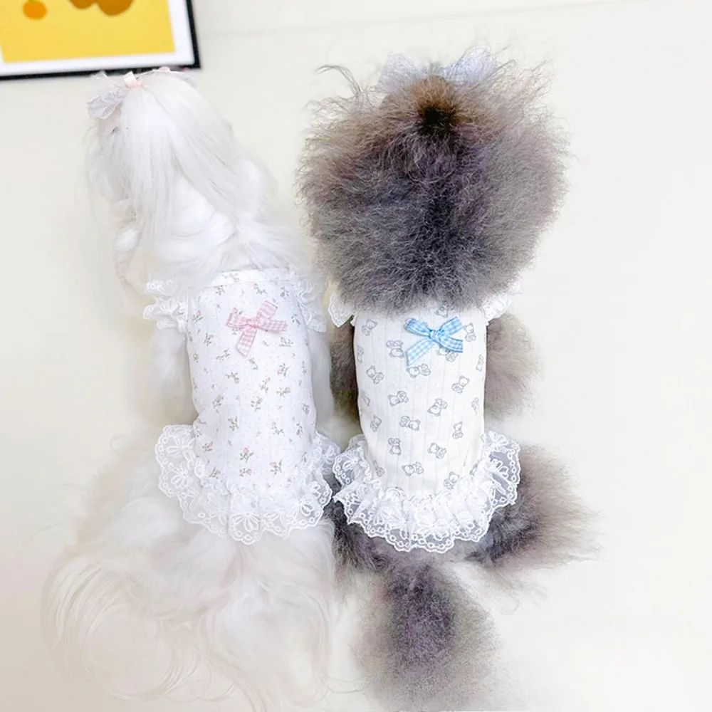 Pet Spring Vest Dog Home Clothes Flying Sleeves Lace Bow Teddy Bear Floral Skirt Puppy Clothes Dog Clothes for Small Dogs