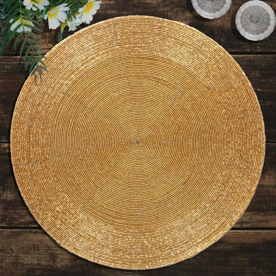 Juego de manteles individuales redondos dorados con cuentas, 8 platos cargadores de cuentas de vidrio de 14 pulgadas para decoración de mesa de comedor y cocina, resistentes al calor, elegantes