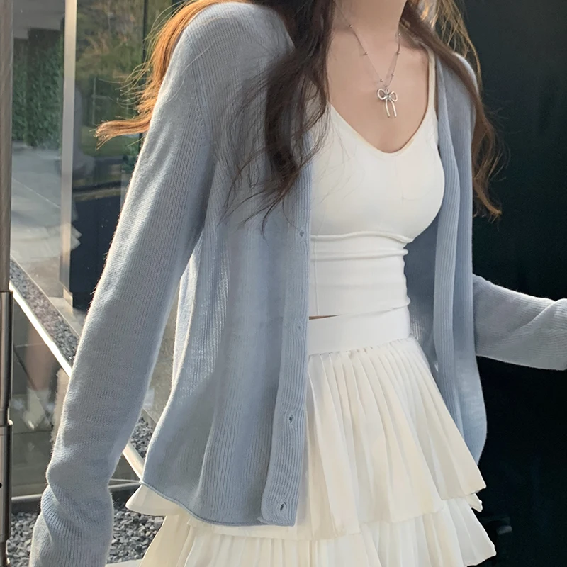 New Long Sleeve Knitted Sweater Women Cardigans White V-Neck Knitwears Knit Sweater Cardigan Women Tops Sueters De Mujer Q3517