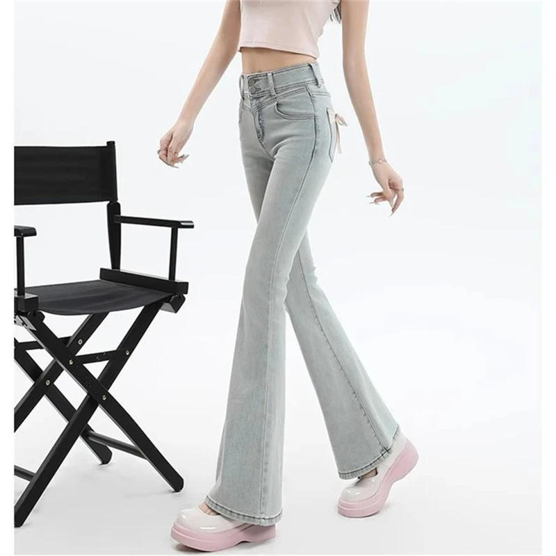 Women's Bow Design Micro Flared Pants Sweet Girl Street Pants Fashion Bottoms Female High Waist Straight Bell-bottom Trousers