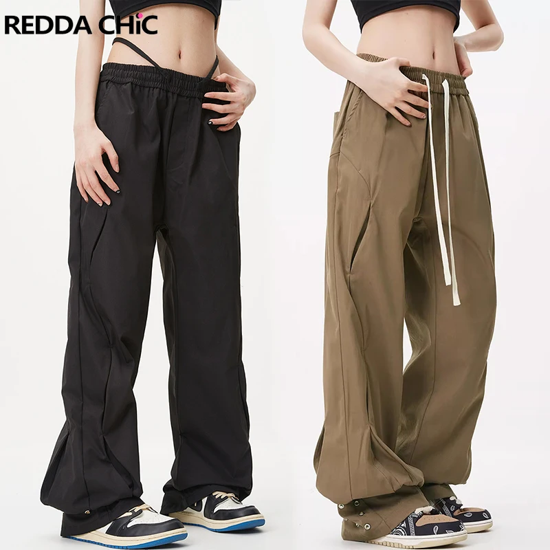 

ReddaChic Patchwork Vintage Elastic Waist Cargo Pants Women Studded Deconstructed Wide Leg Pants Loose Casual Hiphop Trousers