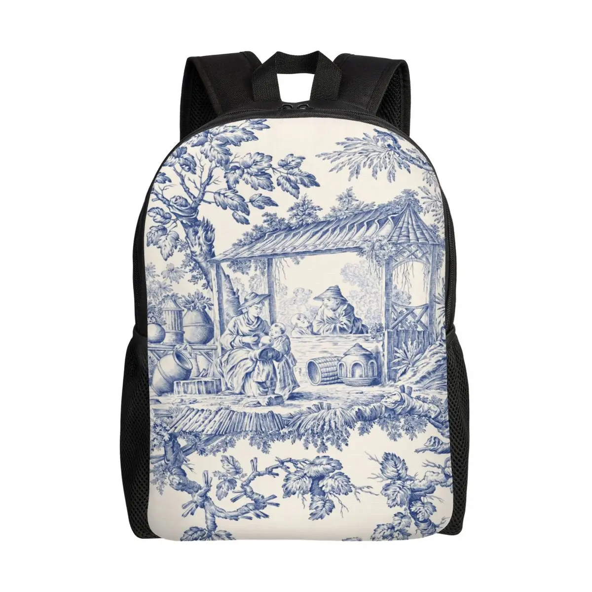 Vintage Classic French Toile De Jouy Navy Blue Motif Pattern Backpacks for Waterproof School College Bag Print Bookbags