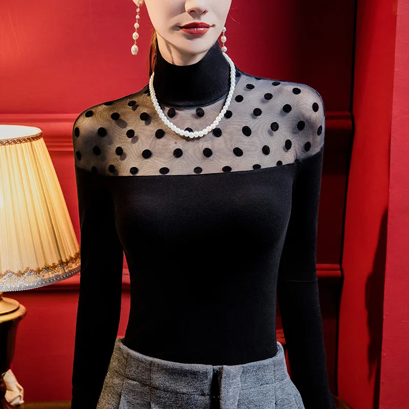 MadBlack-여성용 플로킹 티셔츠, 섹시한 터틀넥 도트 패치워크 상의, 스트리트웨어 긴팔 슬림 티, 가을 겨울 T4N942CC