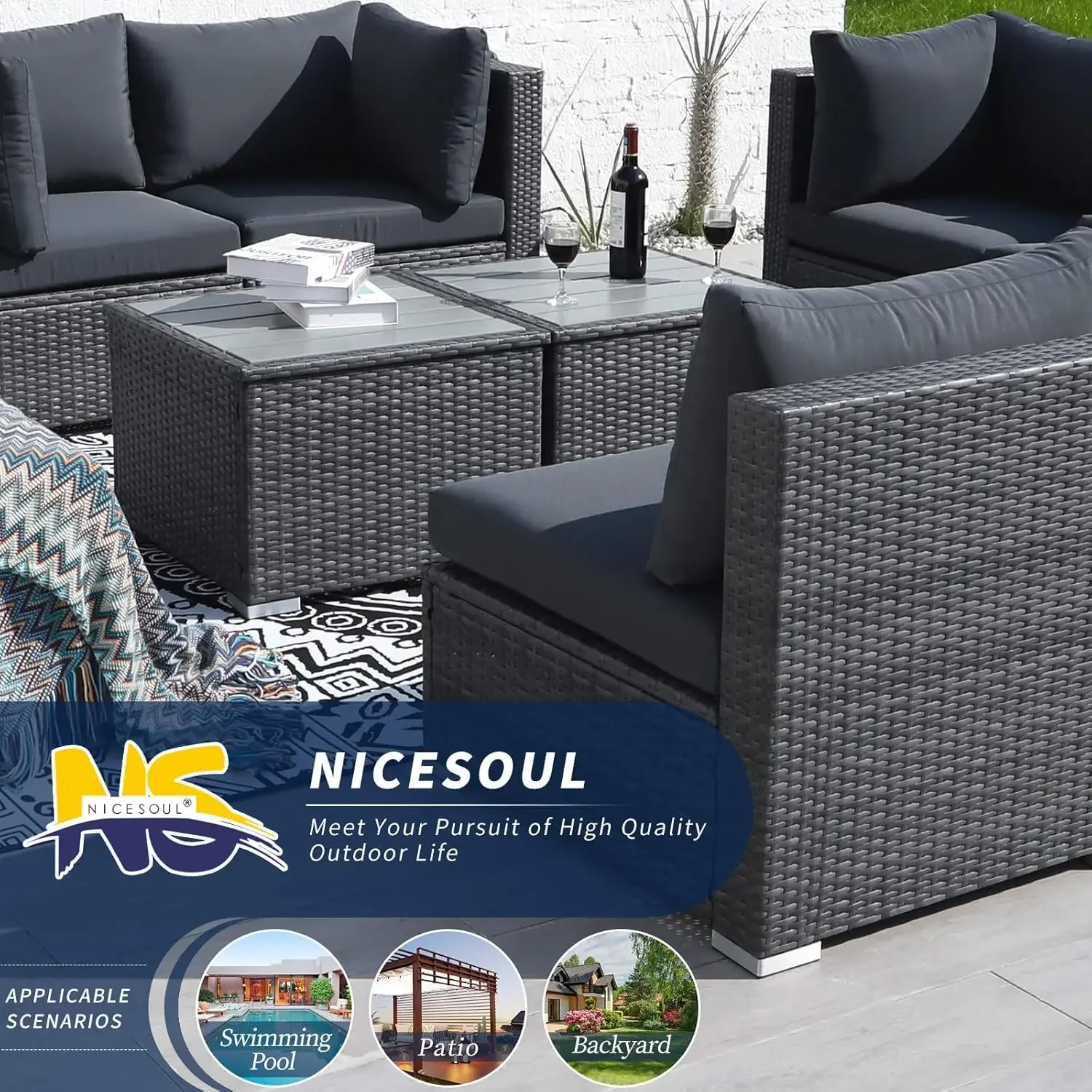 NICESOUL ® 8-piece 29.3-inch high back outdoor furniture sofa set with oversized PE willow branches