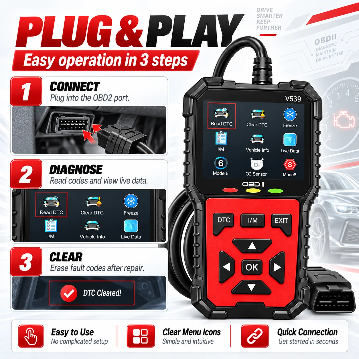 V539 OBD2 Car Code Reader, Automotive Engine Diagnostic Scanner with Fault Code Reading, Live Data Stream, Battery Voltage Test