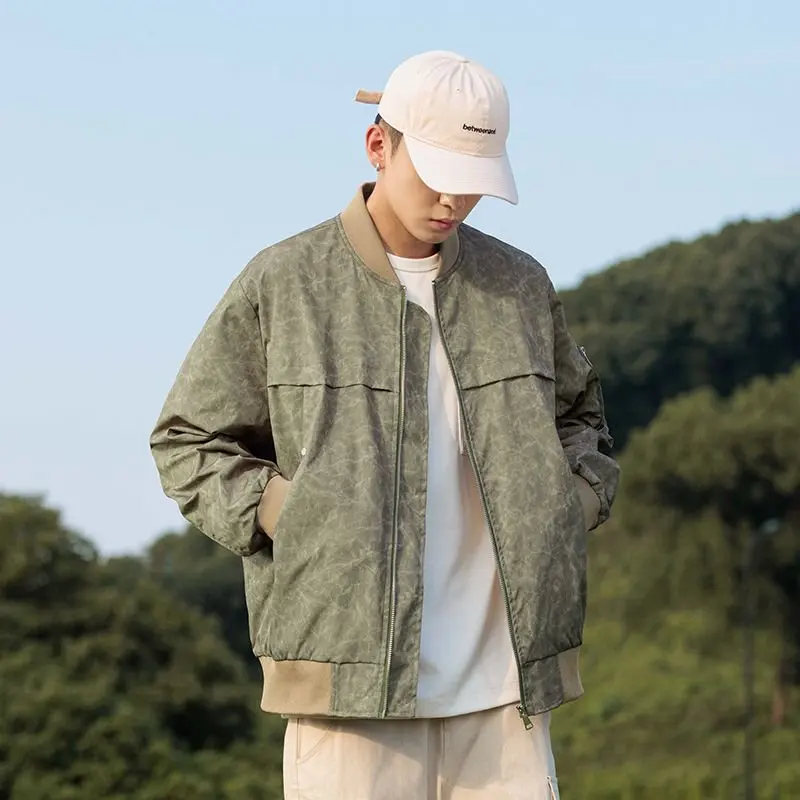 Oversized Man 100% Polyester Bomber Jacket Fashion Dirty Blazer Autumn American Size Hip Hop Casual Zipper Coat Retro Streetwear